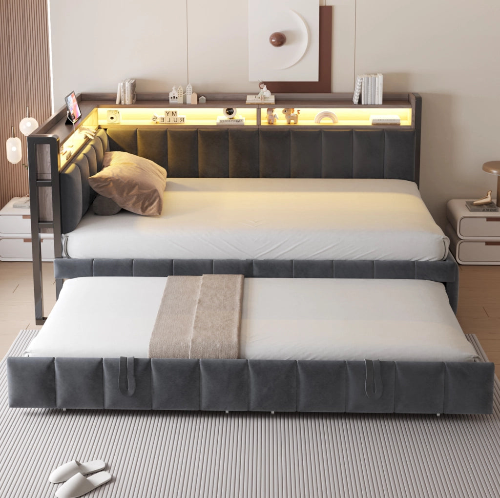 Divano letto 90x200 cm con letto estraibile, LED, USB e vani contenitivi
