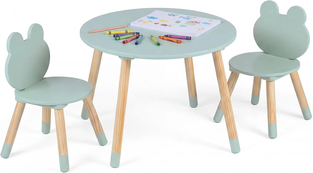 Set Tavolo e Sedie per Bambini, Tavolino e 2 Sedie a Forma di Rana con Gambe in Legno e Angoli Arrotondati, Set Mobili Salvaspazio per Bambini 3+ Anni per Cameretta Ragazzi (Verde)