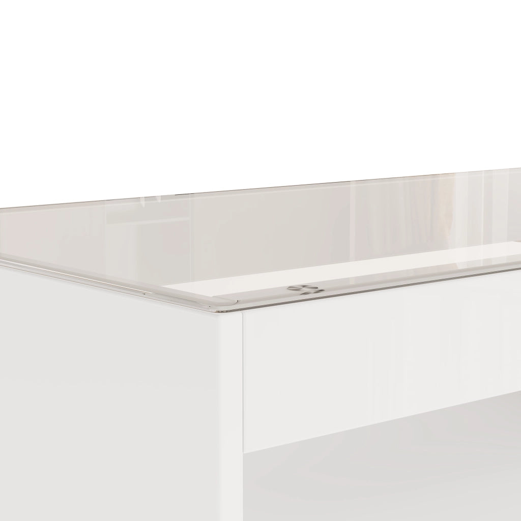 Tavolino basso moderno con LED, 2 cassetti e piano in vetro temperato, finitura bianca lucida, 100 × 50 × 40 cm