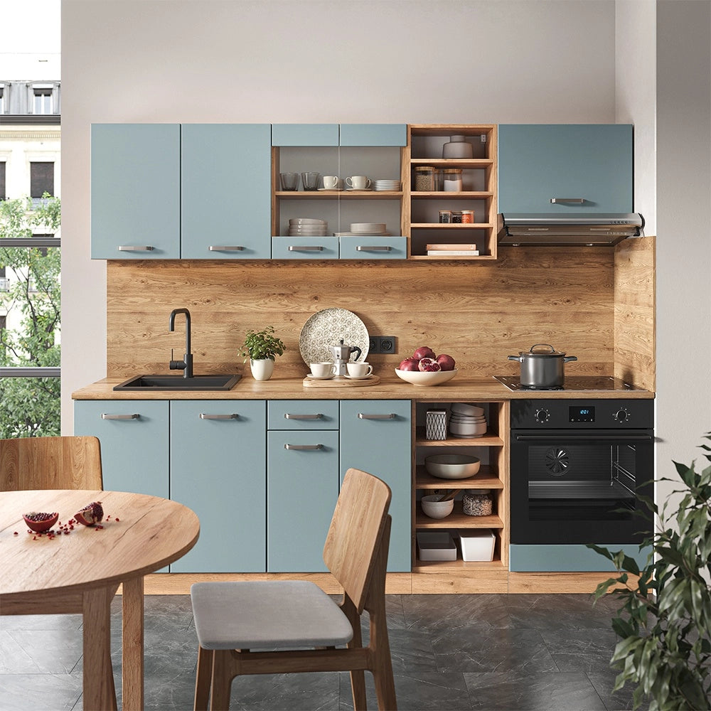 Cucina componibile R-Line Grigio-blu/Rovere dorato 240 cm senza piano di lavoro Vicco