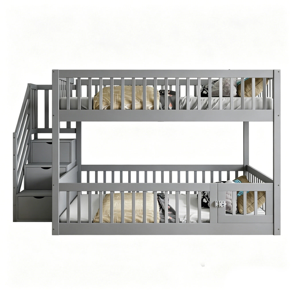 Letto a castello 140 × 200 cm con scala con cassetti e sportello inferiore, senza materasso, in legno massiccio, grigio