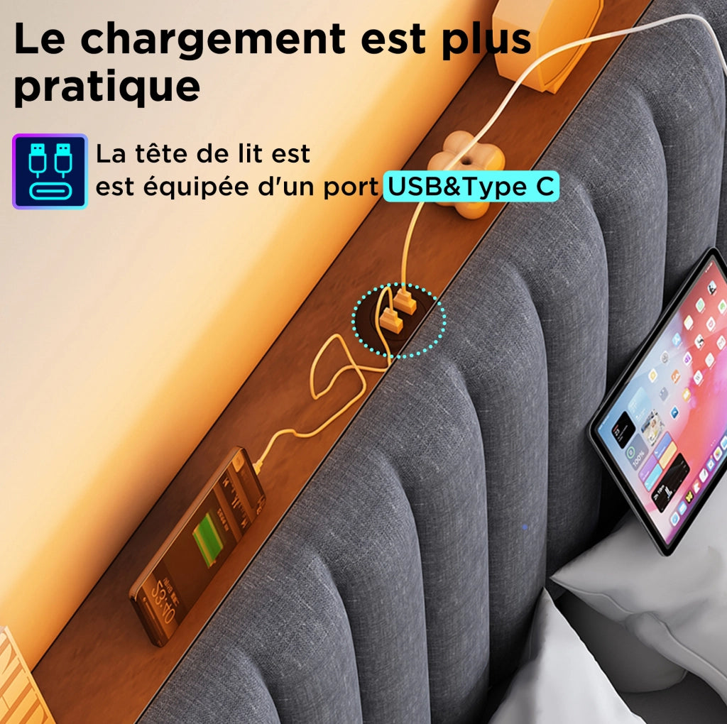 Letto matrimoniale imbottito ULEVR 160x200 cm con contenitore, LED con app, USB e Type-C, grigio