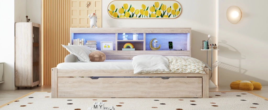 Letto da giorno estraibile 90x200 cm con LED, USB e vano laterale