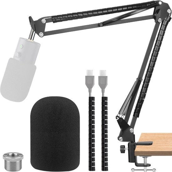 Microfono a Sospensione con Filtro Antipop e Paracoda - Adatto per Trasmissioni e Registrazioni - Incluso Schermo di Protezione in Schiuma - Ideale per Podcast e Streaming