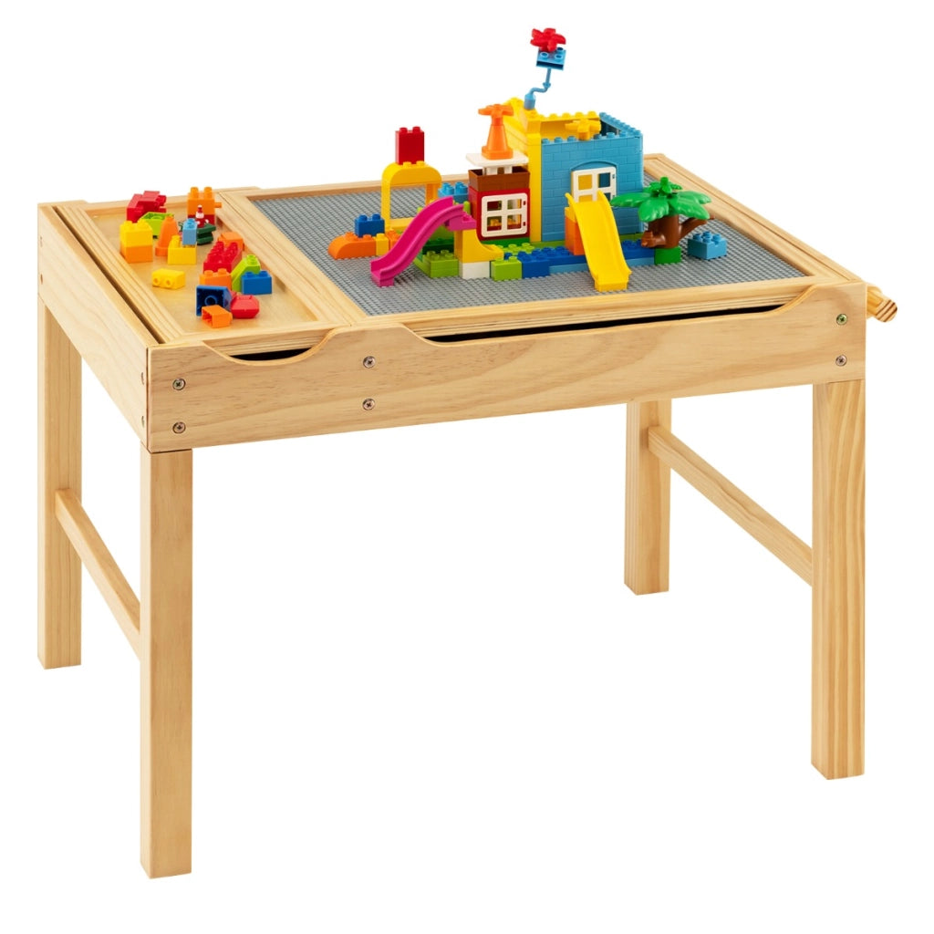 Tavolo multiattivit¨¤ bambini con piano reversibile porta rotolo di carta da disegno, Tavolo costruzioni Naturale-Tavoli e sedie