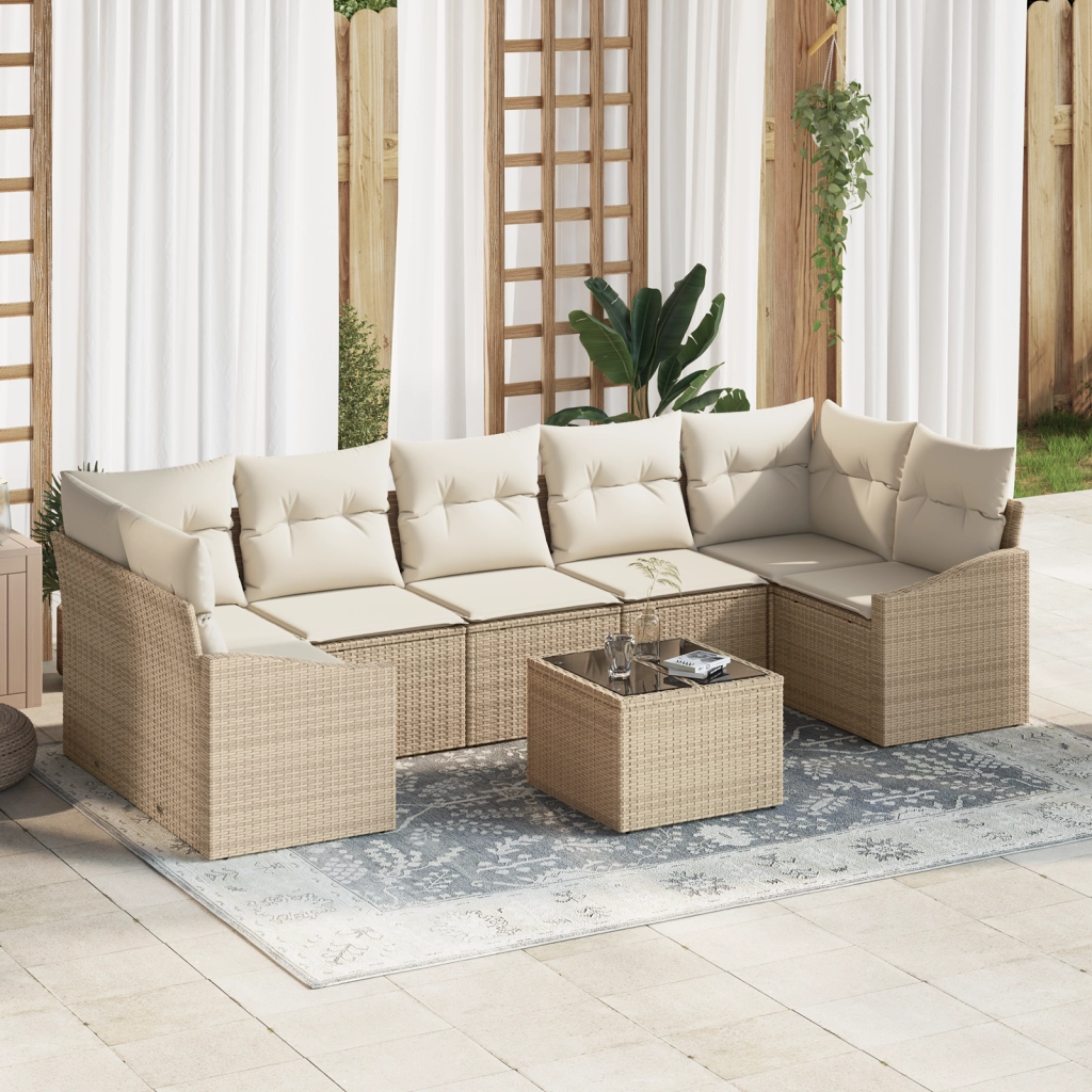 Set di Divani da Giardino da 8 Pezzi con Cuscini Beige in Polyrattan