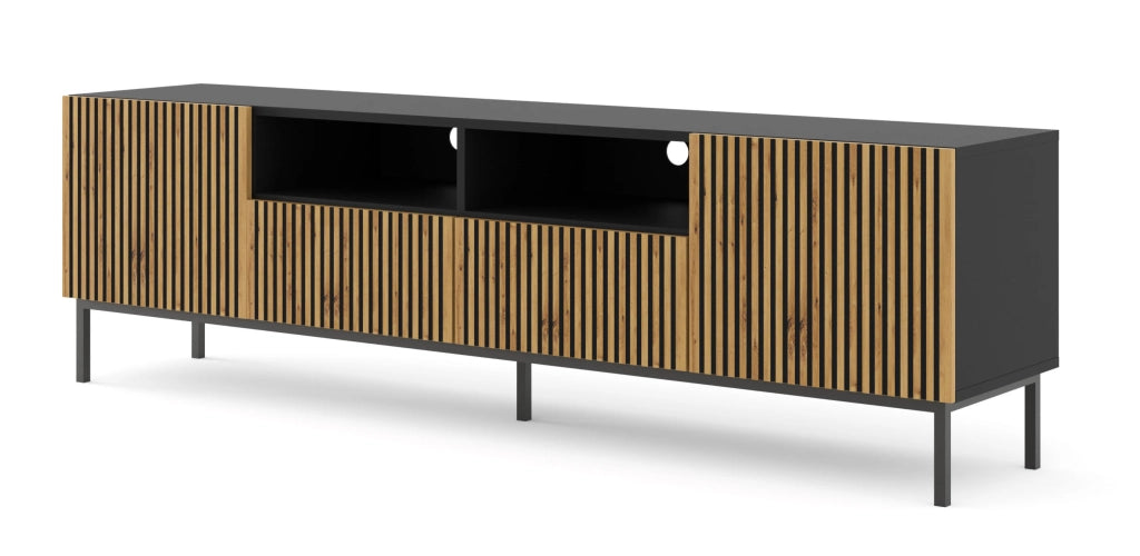 MOBILE RAVENNA F PORTA TV IN MDF VERNICIATO 2D2S 200 NERO OPACO ROVERE ARTIGIANALE STRUTTURA NERA