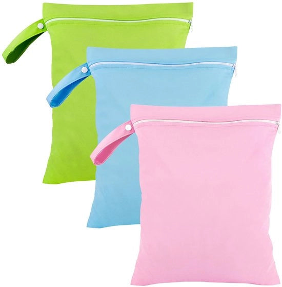 Pacchetto con 3 sacchetti umidi, 40 x 30 cm sacchetto umido, sacchetto umido impermeabile con cerniera, sacchetto per il bagno riutilizzabile con piccolo sacchetto per il nuoto per costumi da bagno/lenzuola da spiaggia/lavatrici (rosa + blu + verde)
