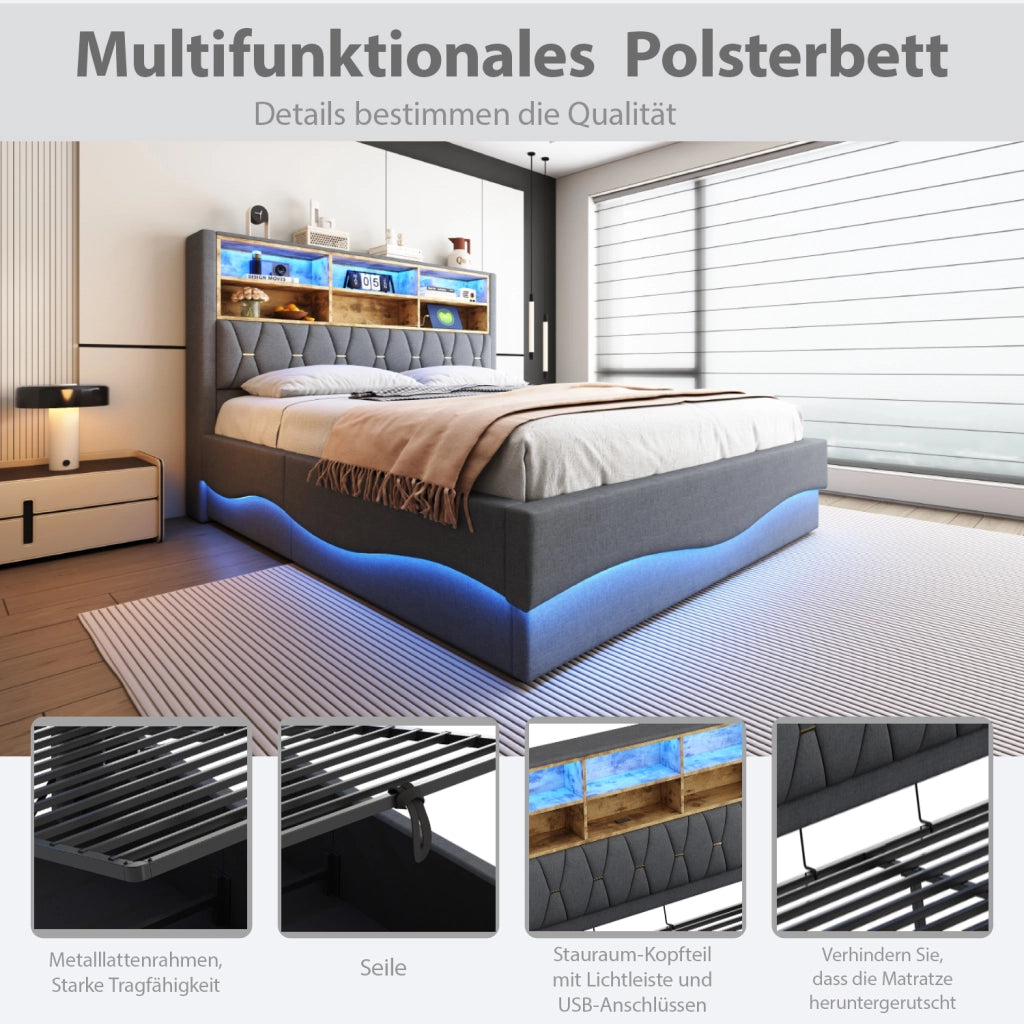 LETTO Contenitore 140x200 cm Grigio con LED, USB e struttura in metallo