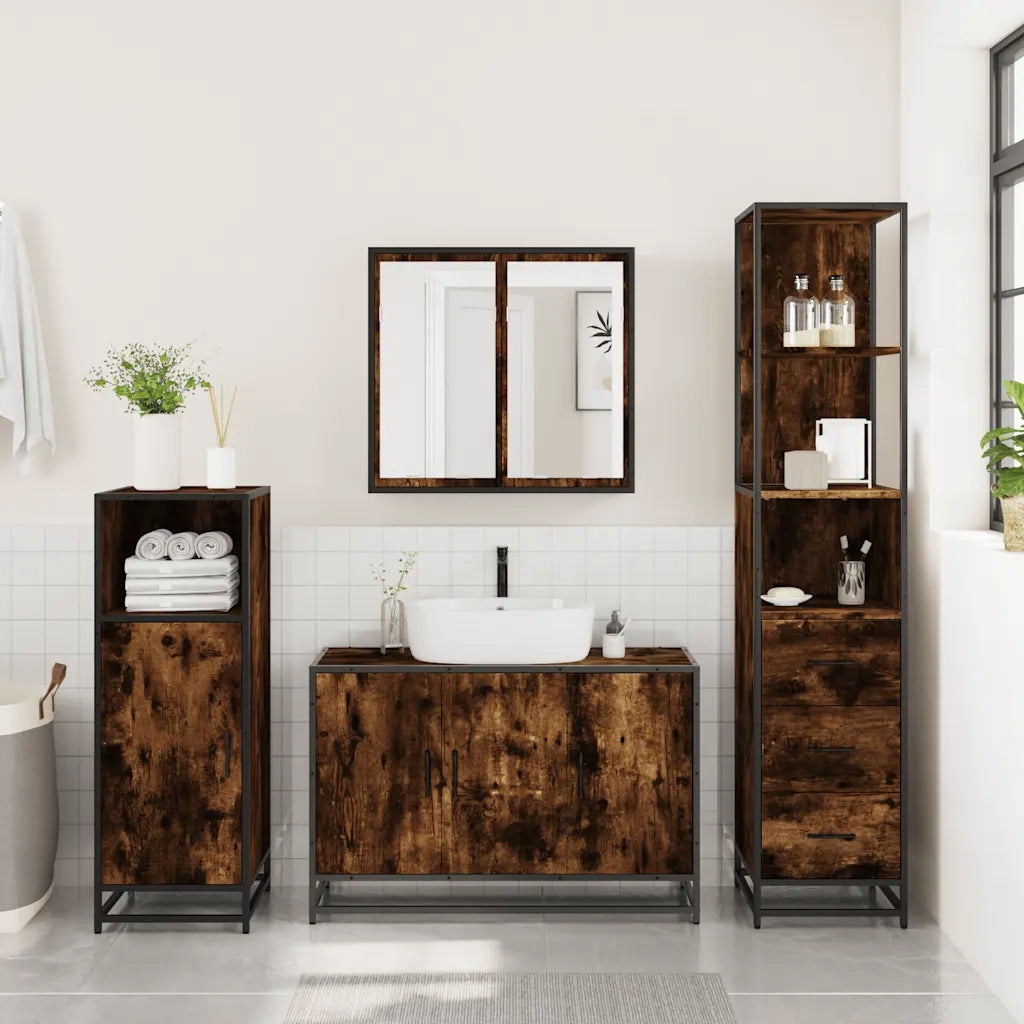 Set Mobili da Bagno 3 pz Rovere Fumo in Legno Multistrato 3301132