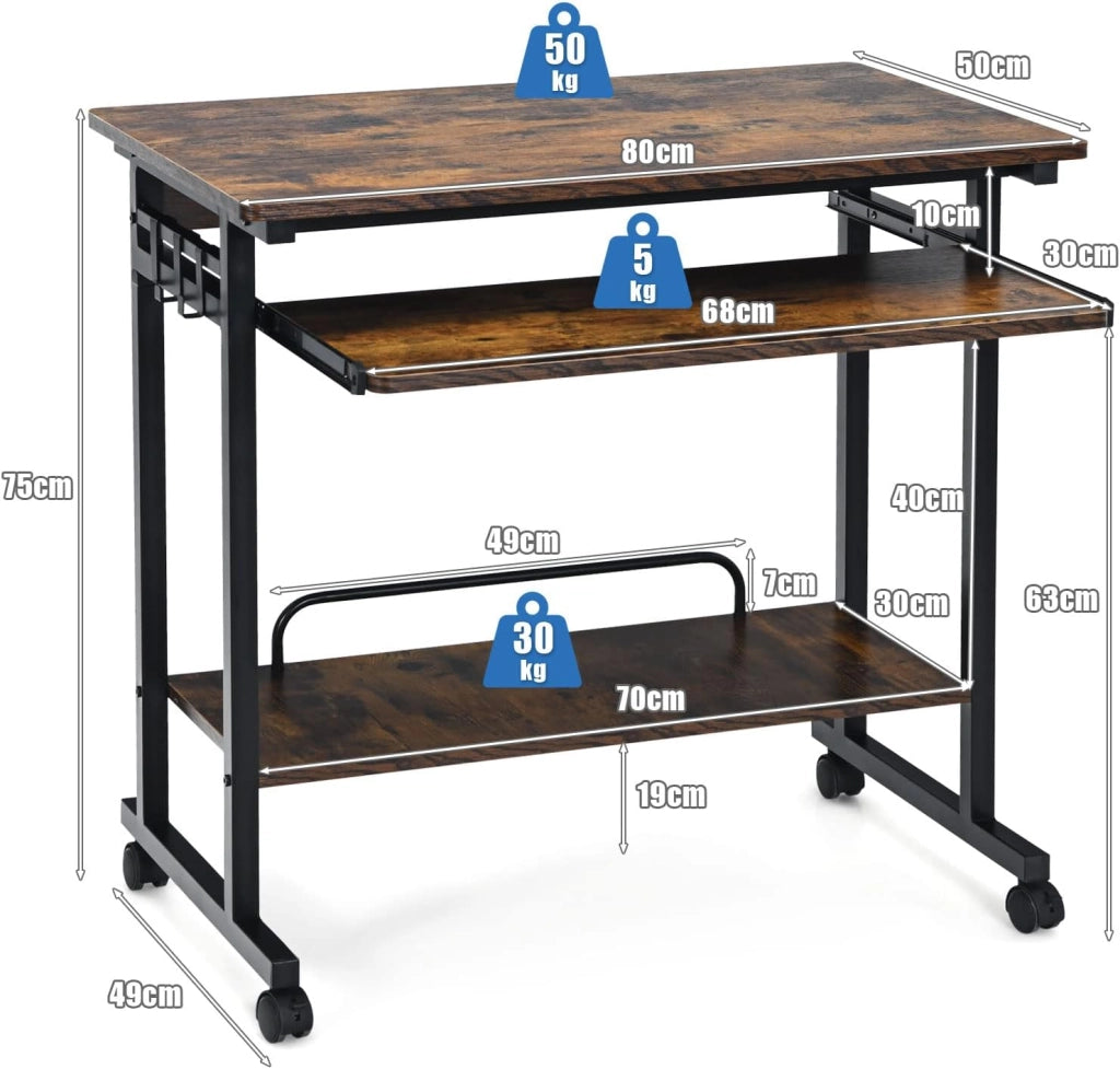 Scrivania portatile per computer con estrattore per tastiera, scrivania compatta con ampia superficie di lavoro, supporto per CPU e ganci, tavolo per PC industriale, per casa, marrone rustico