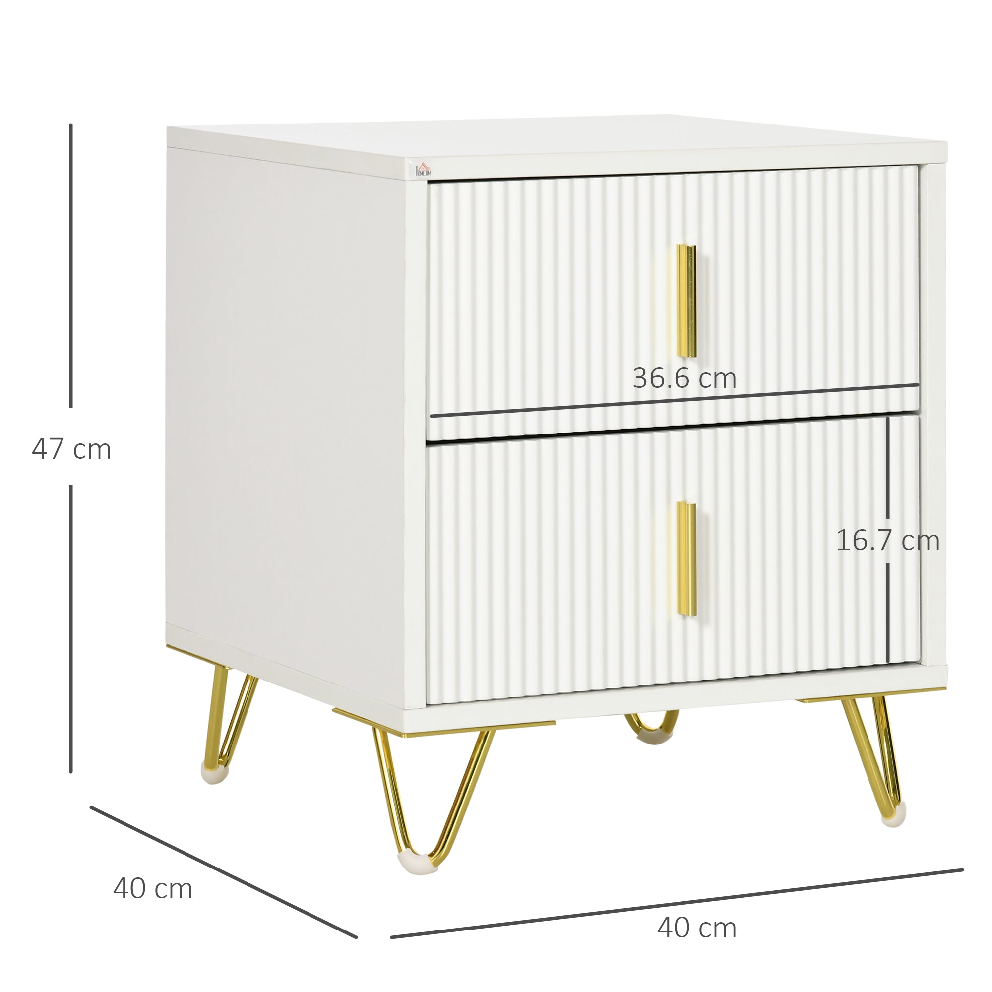 Comodino con 2 Cassetti 40x40x47 cm in Legno con Maniglie e Gambe in Metallo Bianco e Oro