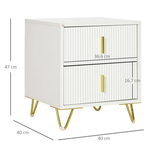 Comodino con 2 Cassetti 40x40x47 cm in Legno con Maniglie e Gambe in Metallo Bianco e Oro