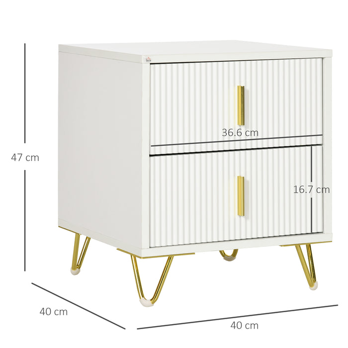 Comodino con 2 Cassetti 40x40x47 cm in Legno con Maniglie e Gambe in Metallo Bianco e Oro