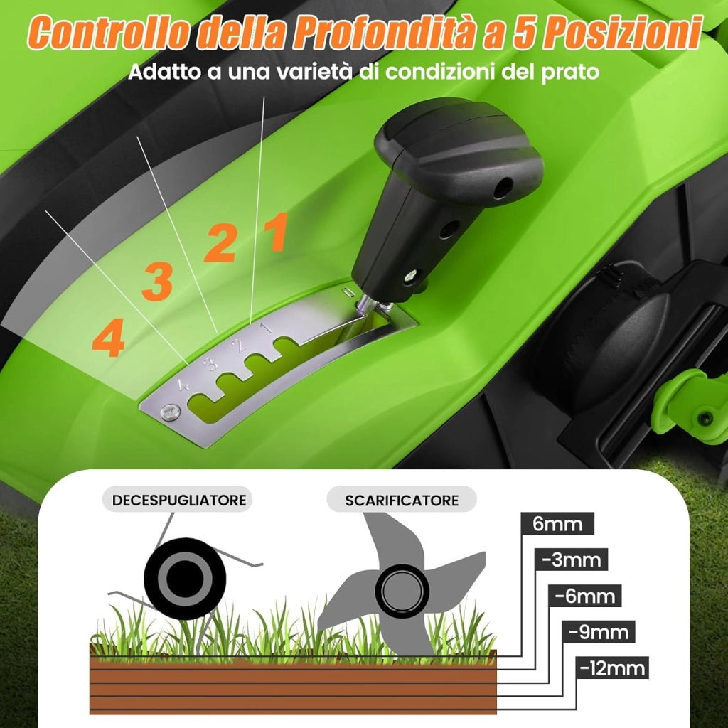 2 in 1 Scarificatore Elettrico, 40 cm, 2000W, 3500rpm, Erbicida Pieghevole con Sacca di Raccolta da 55L, Regolazione Profondità 5 Livelli, Adatto Prato 800 ㎡ (Verde)