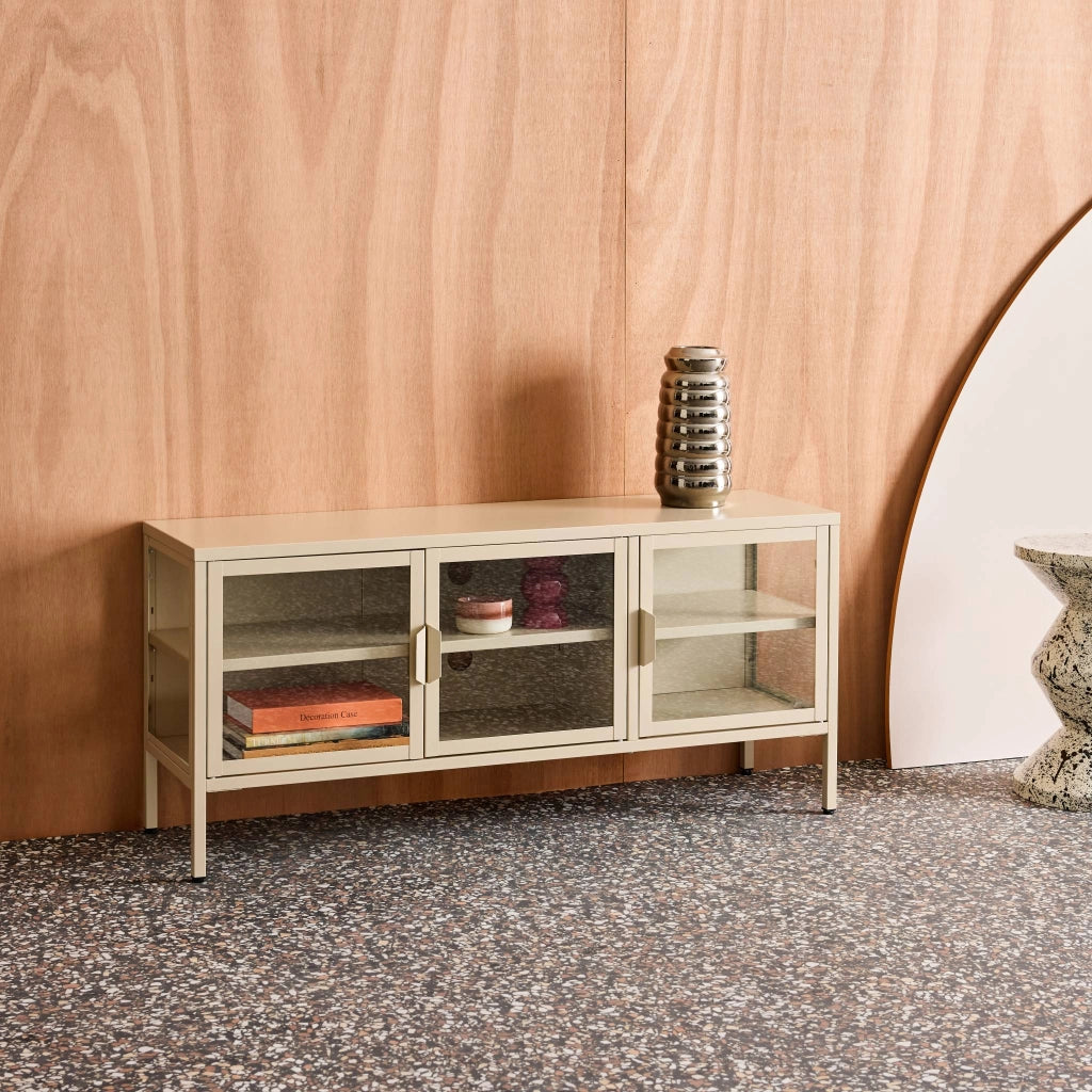 Mobile tv industriale in metallo e vetro temperato 3 ante 120cm, beige