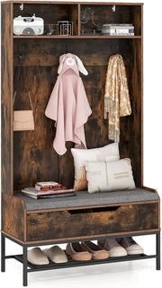 4 in 1 Appendiabiti da Ingresso, Armadio con Appendiabiti Multifunzionale, con Panca Cuscino e Ganci, Panchina per Ingresso, 90 x 38,5 x 170 cm (Marrone)
