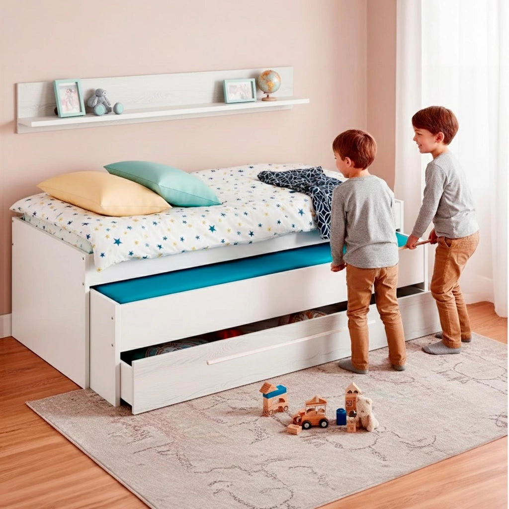 Letto Estraibile Con Cassetto Integrato E Mensola Design Nordico Ideale Per Camerette Piccole Pratico Robusto E Funzionale 65 × 199 × 96 Cm Bianco E Bianco Effetto Legno