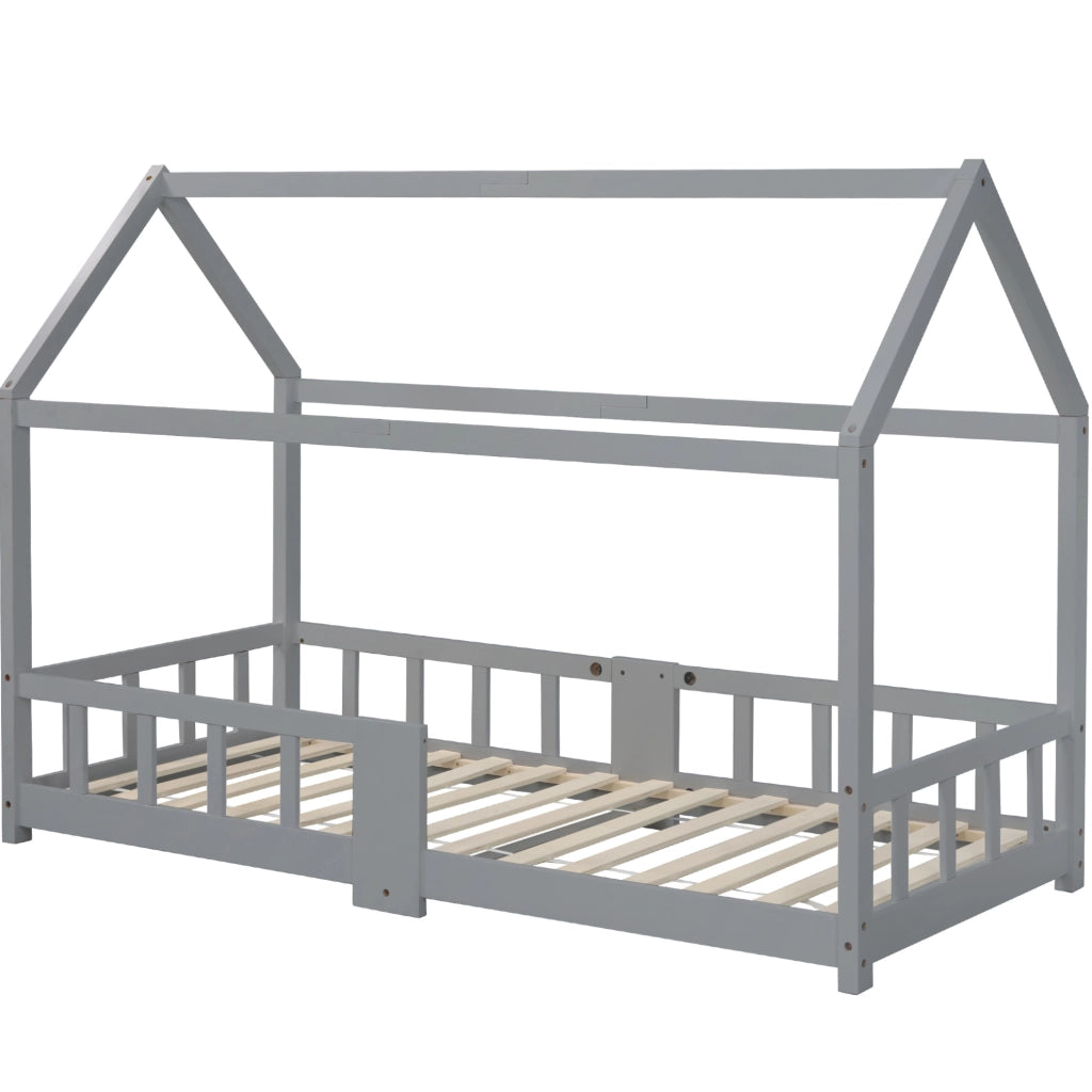 Letto a casetta per bambini 90x200 cm con lavagna e protezione anticaduta; legno grigio