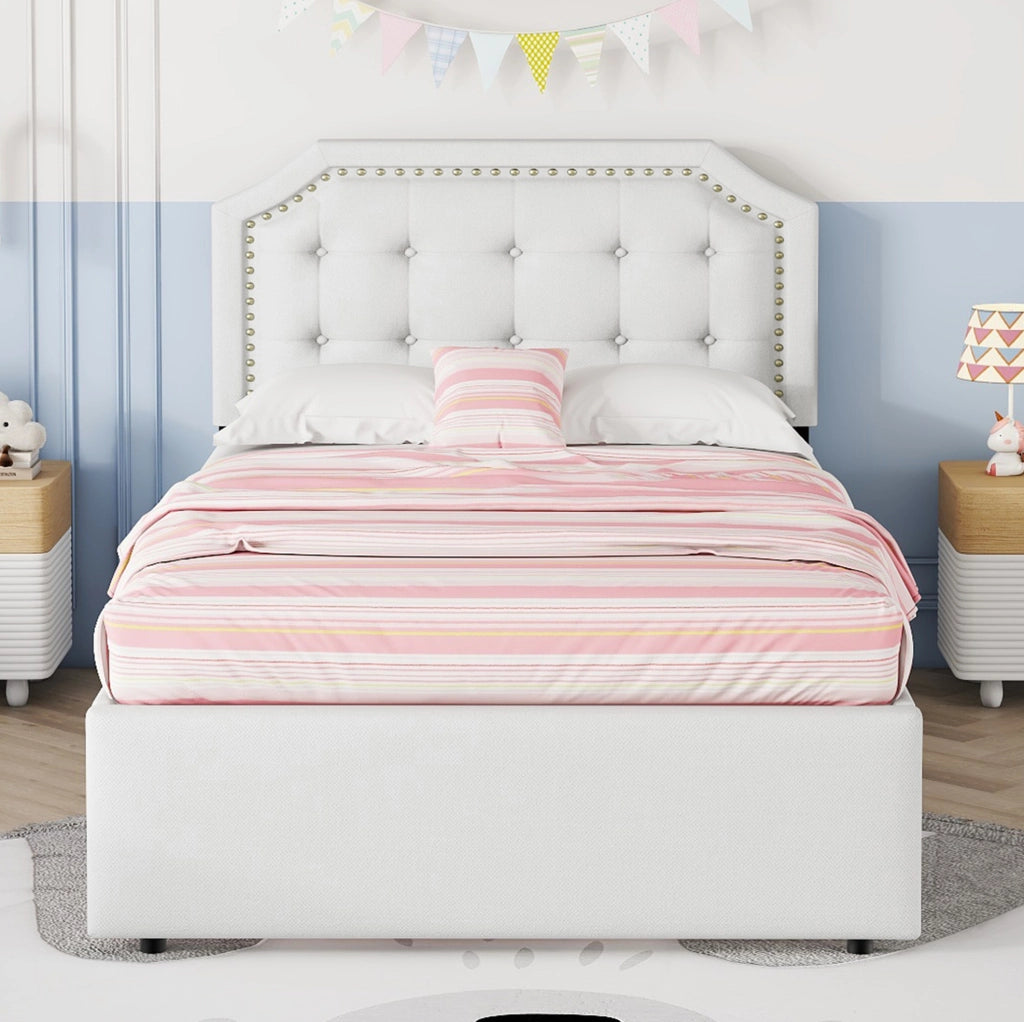 Letto imbottito 90 x 200 cm in MDF e lino, beige chiaro, con due cassetti