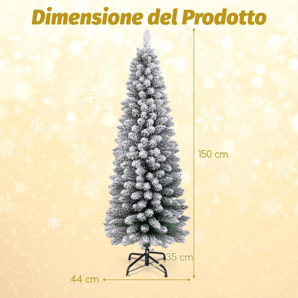 Albero di Natale Slim 120/150/180 cm, Albero di Natale Artificiale Innevato con 240/328/460 Rami e Supporto Metallico Pieghevole, per Piccoli Spazi, Decorazione per Casa e Feste (150 cm)