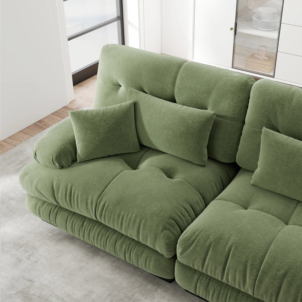 Divano angolare modulare a 4 posti in chenille verde con seduta profonda