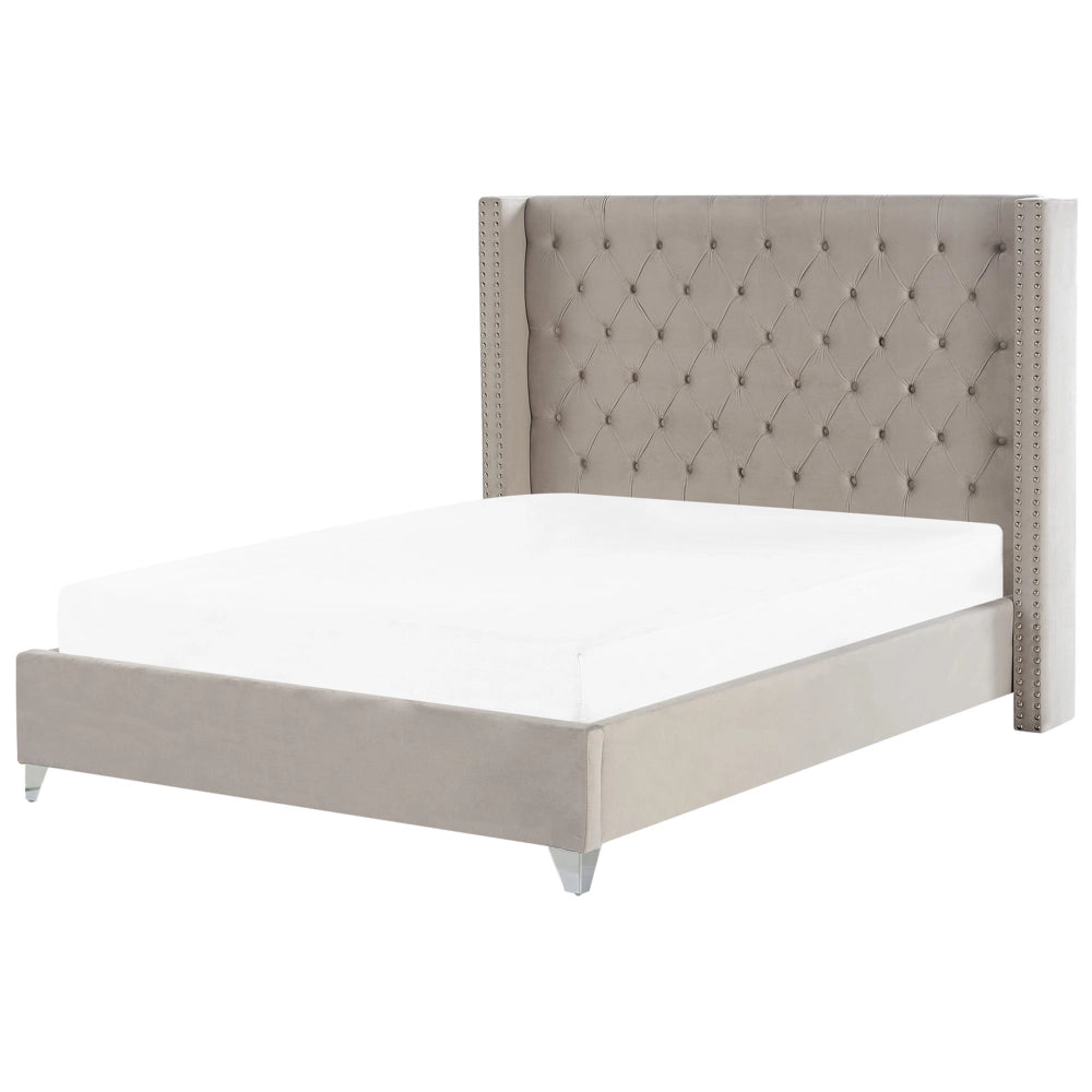 Letto matrimoniale a doghe velluto grigio chiaro imbottito trapuntato poggiatesta 180 x 200 cm stile glamour elegante