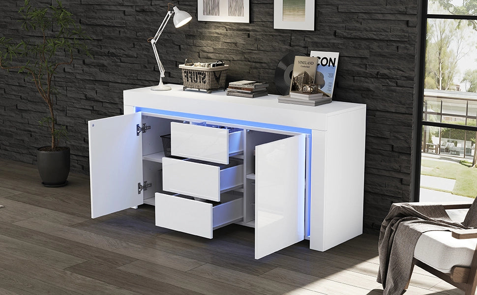 Credenza Moderna Bianca Mobile Soggiorno 140 cm con LED 2 Ante 3 Cassetti