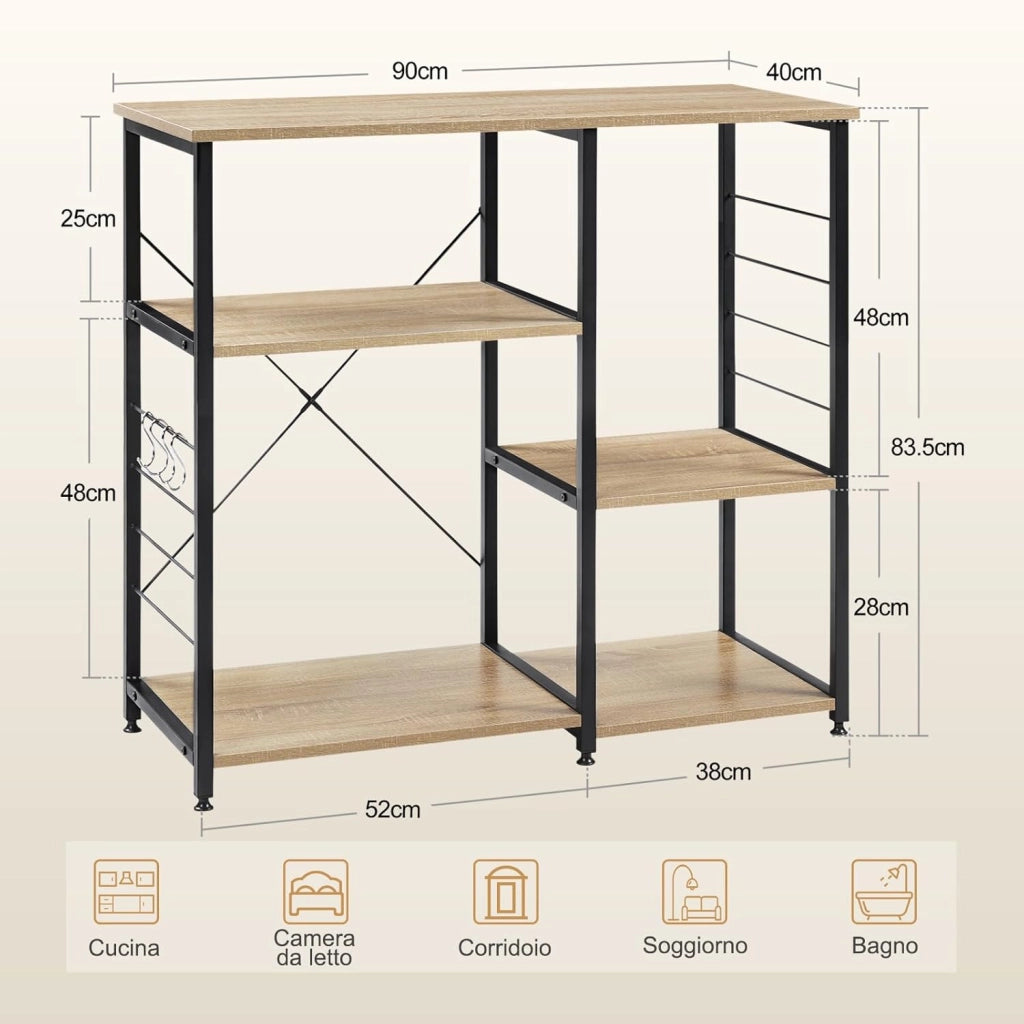 Scaffale da Cucina con 5 Ripiani in Legno, Supporto per Microonde con 4 Ganci, Struttura in Metallo & Legno, 90x40x83,5 cm, Rovere Chiaro+Nero