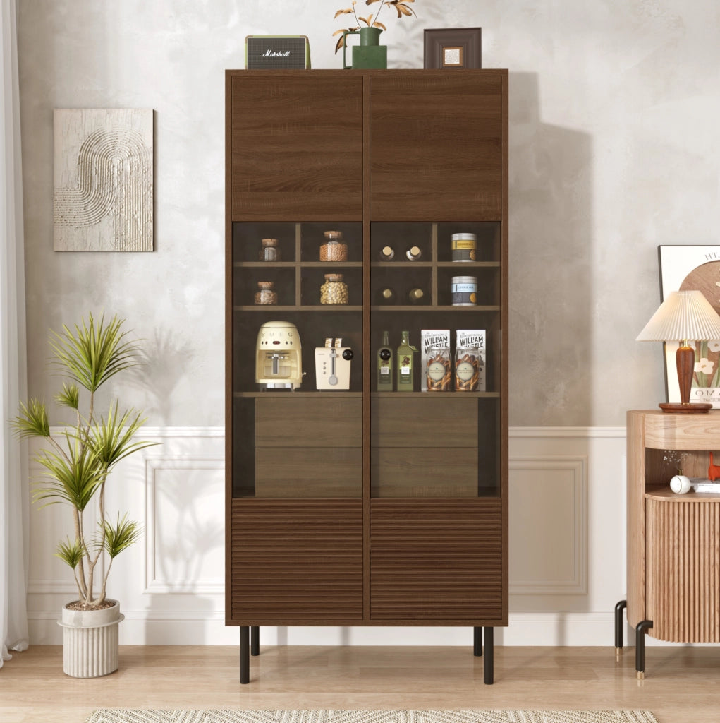 Credenza multifunzione con vetrina in vetro; 4 cassetti nascosti e ripiani; finitura noce