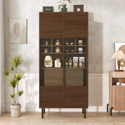 Credenza multifunzione con vetrina in vetro; 4 cassetti nascosti e ripiani; finitura noce