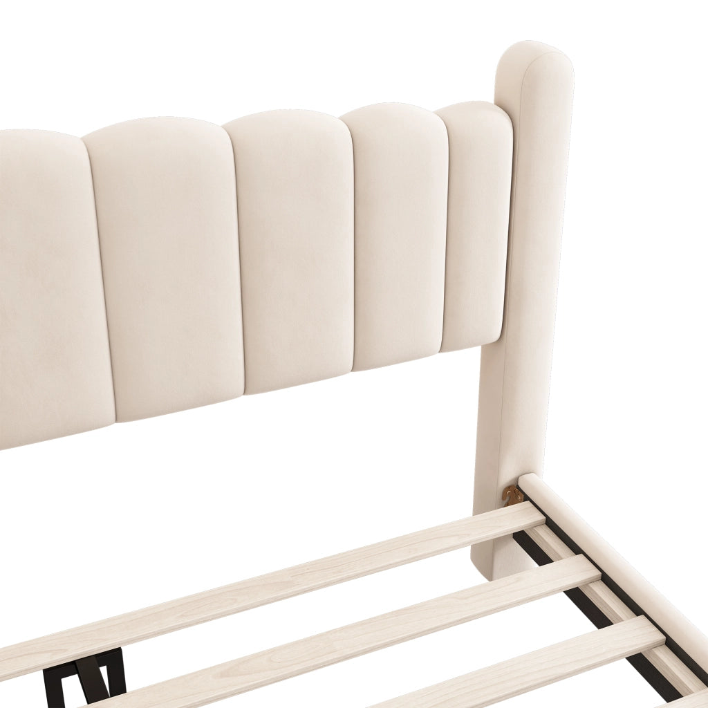 Letto Matrimoniale 180x200 cm; 2 Posti - Testiera ondulata e gambe cilindriche - Beige