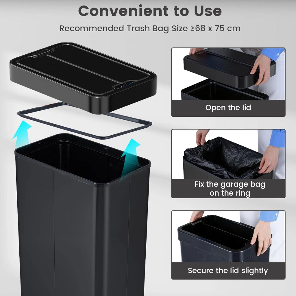 Bidone Spazzatura 60L con Coperchio, Bidone Automatico senza Contatto con Risposta Rapida e Pannello di Controllo, Cestino in Acciaio Inox con Sensore di Movimento per Bagno e Cucina (Nero)