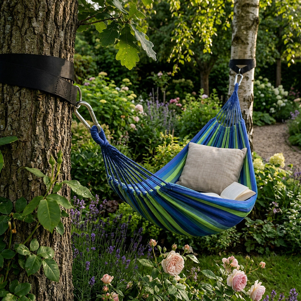 Amaca Da Campeggio E Giardino Con Custodia Trasporto Cinghie Regolabili E Ganci Moschettone Inclusi Struttura Anti Capovolgimento Cotone Rinforzato Portata 300 Kg 270 x 150 Cm Blu