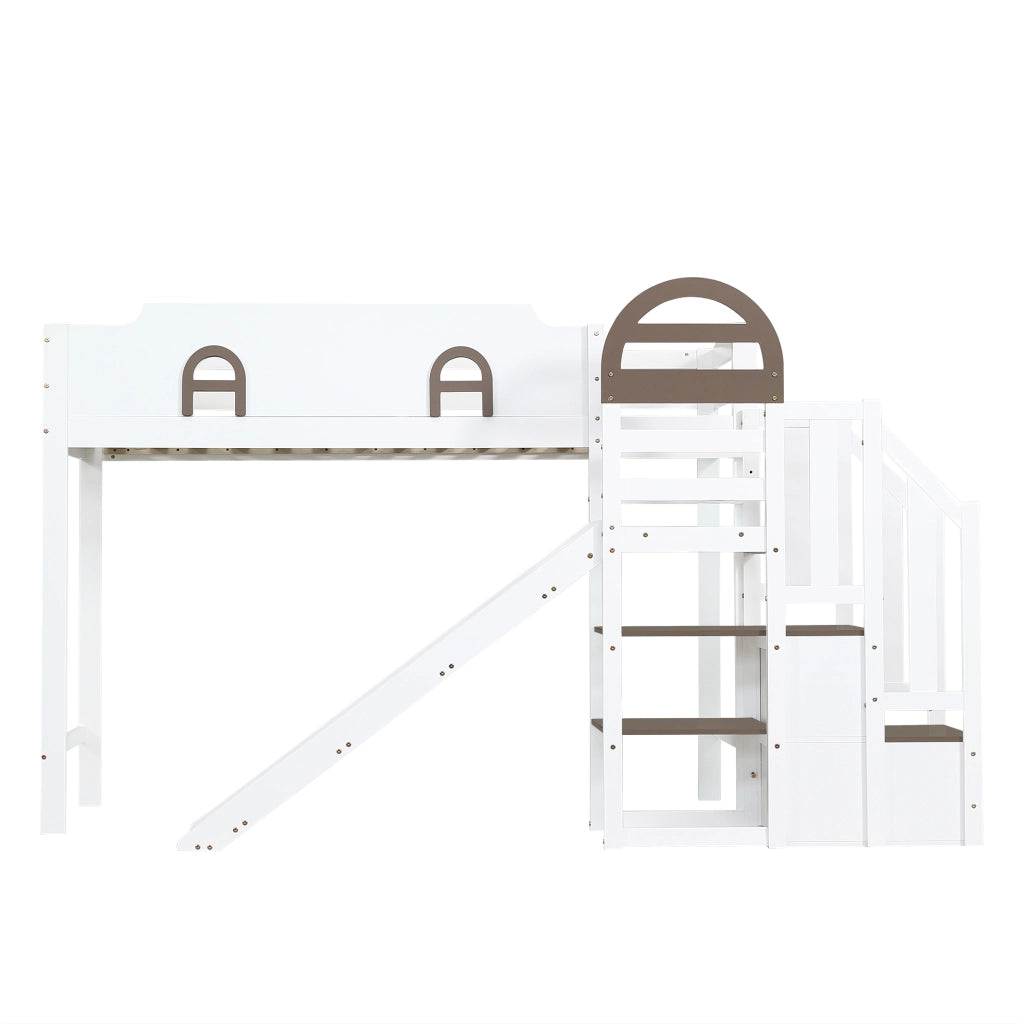 Letto a castello 90x200 cm con scivolo e scala contenitore in legno e MDF bianco