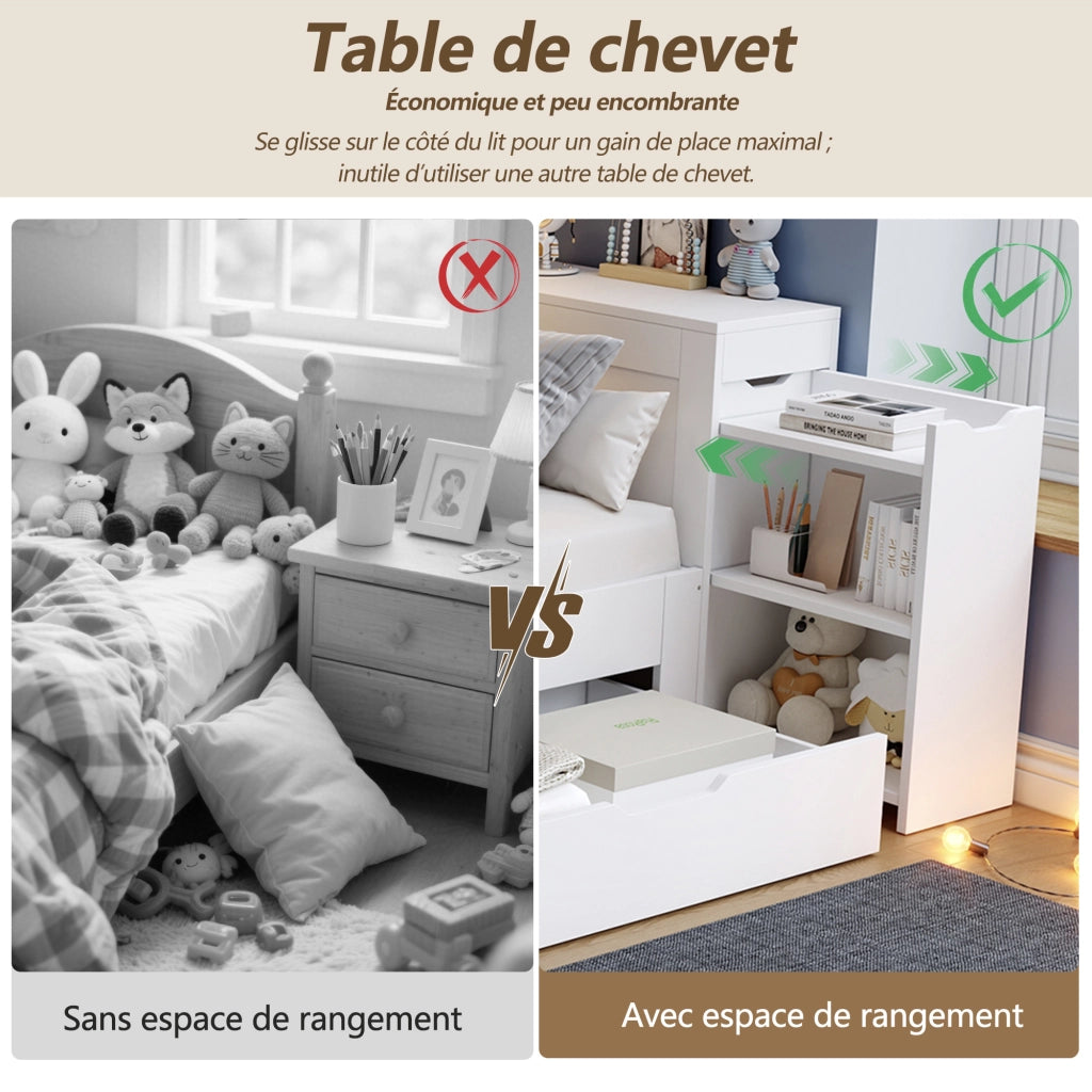 Letto Singolo 90x190 cm; 1 Posto - con Cassetti e Vano Laterale - in MDF - Bianco