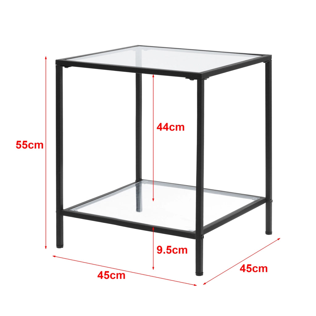Tavolino da Divano (AxLaxP): 55 x 45 x 45 cm Tavolino Basso da Salotto/Soggiorno/Camera da Letto - Ripiani di Vetro Temperato e Telaio Nero in Acciaio