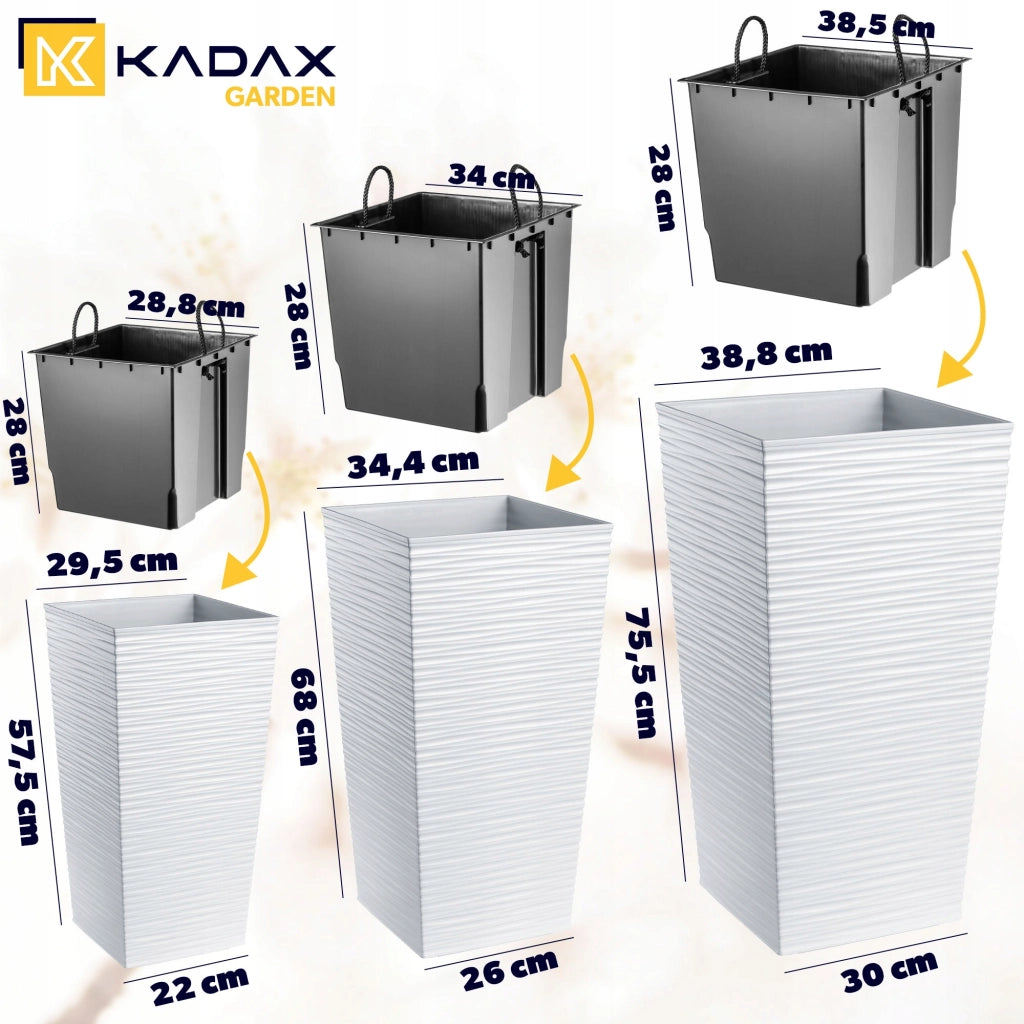 Set di 3 vasi da fiori KADAX, vasi da giardino + inserti, alti, grandi, bianchi, 57+68+75 cm