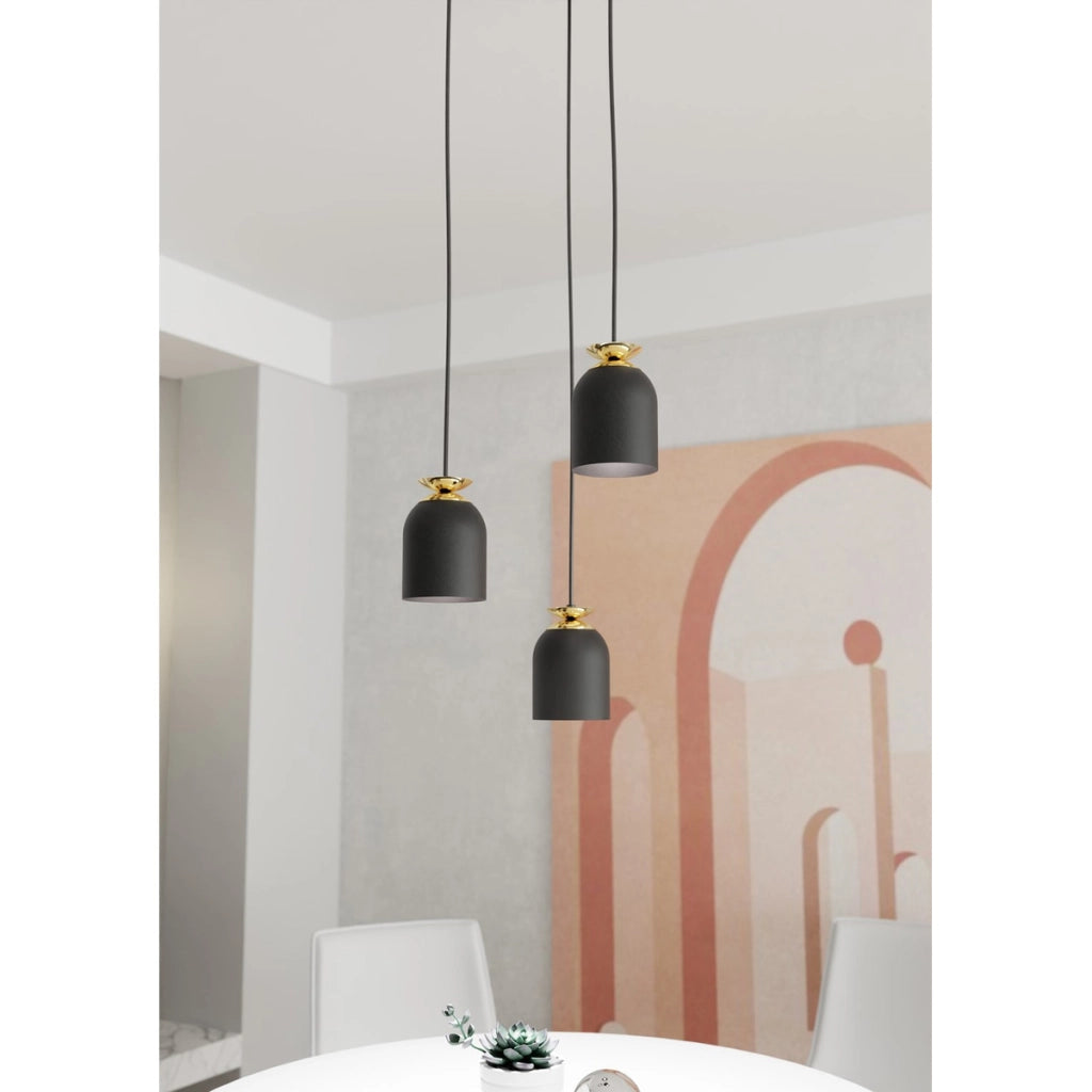 Lampada a sospensione Target in acciaio nero e dettagli oro