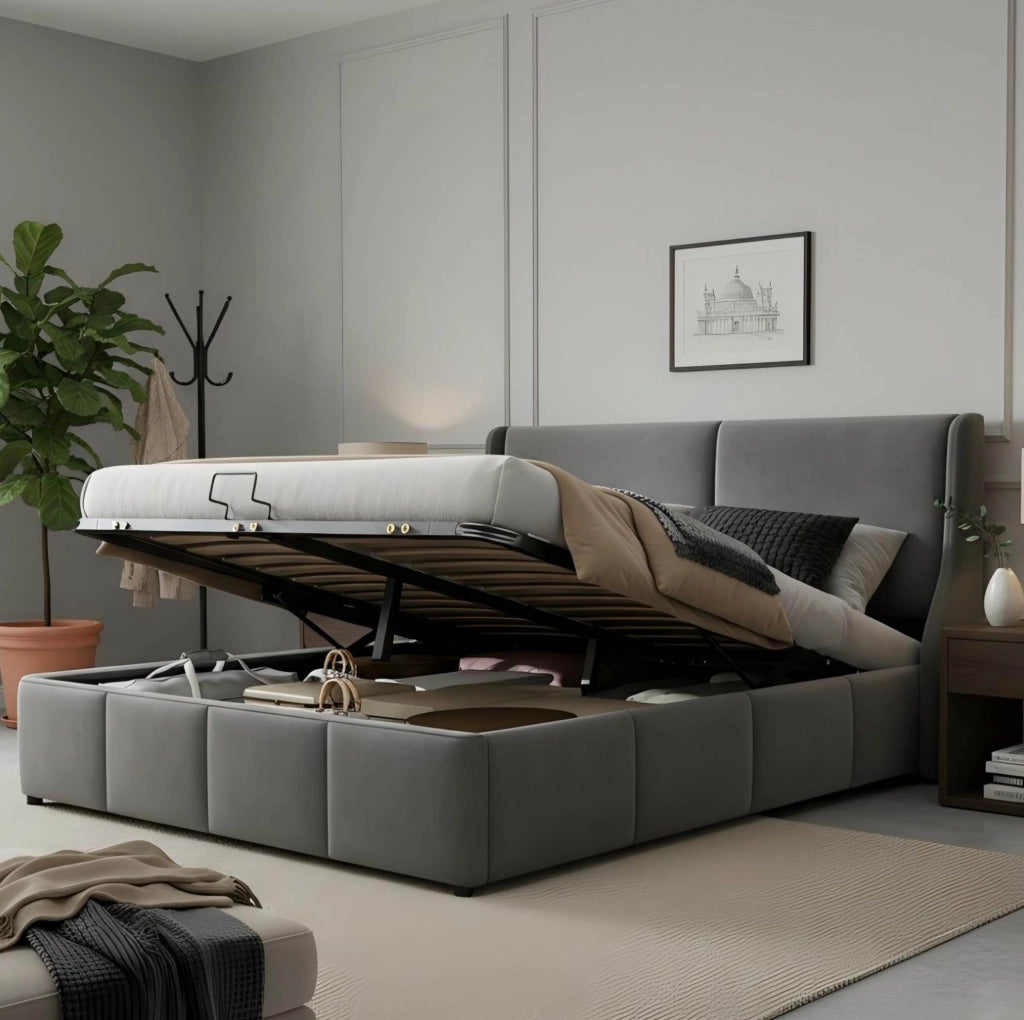 Letto matrimoniale contenitore 160x200 cm in velluto grigio