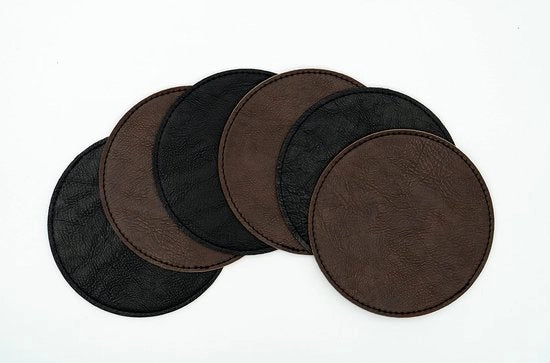 Sottopiani rotondi per bicchieri, 6 pezzi, in imitazione di pelle | 11 cm, doppio lato, a due tonalità, impermeabile, lavabile, sottopiano in pelle a look (nero notturno/barrique, 65% poliuretano, 35% poliestere)