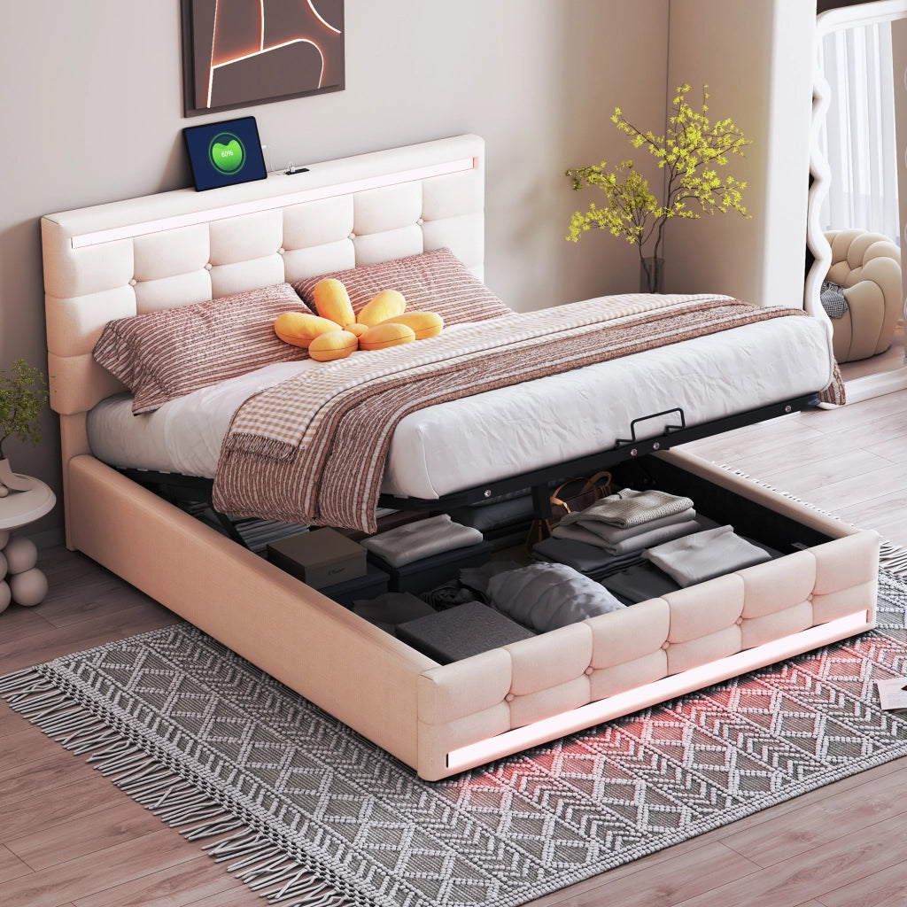 Letto matrimoniale imbottito LED 140 x 200 cm con contenitore e USB beige