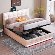 Letto matrimoniale imbottito LED 140 x 200 cm con contenitore e USB beige