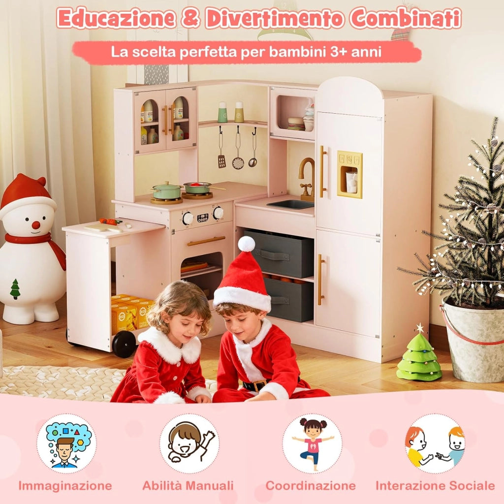 Cucina Giocattolo Angolare in Legno, Set di Cucina Giocattolo per Bambini con Lavabo, Fornelli, Forno, Frigorifero, Macchina del Ghiaccio e Accessori, per Bambini 3 Anni+ (Rosa)