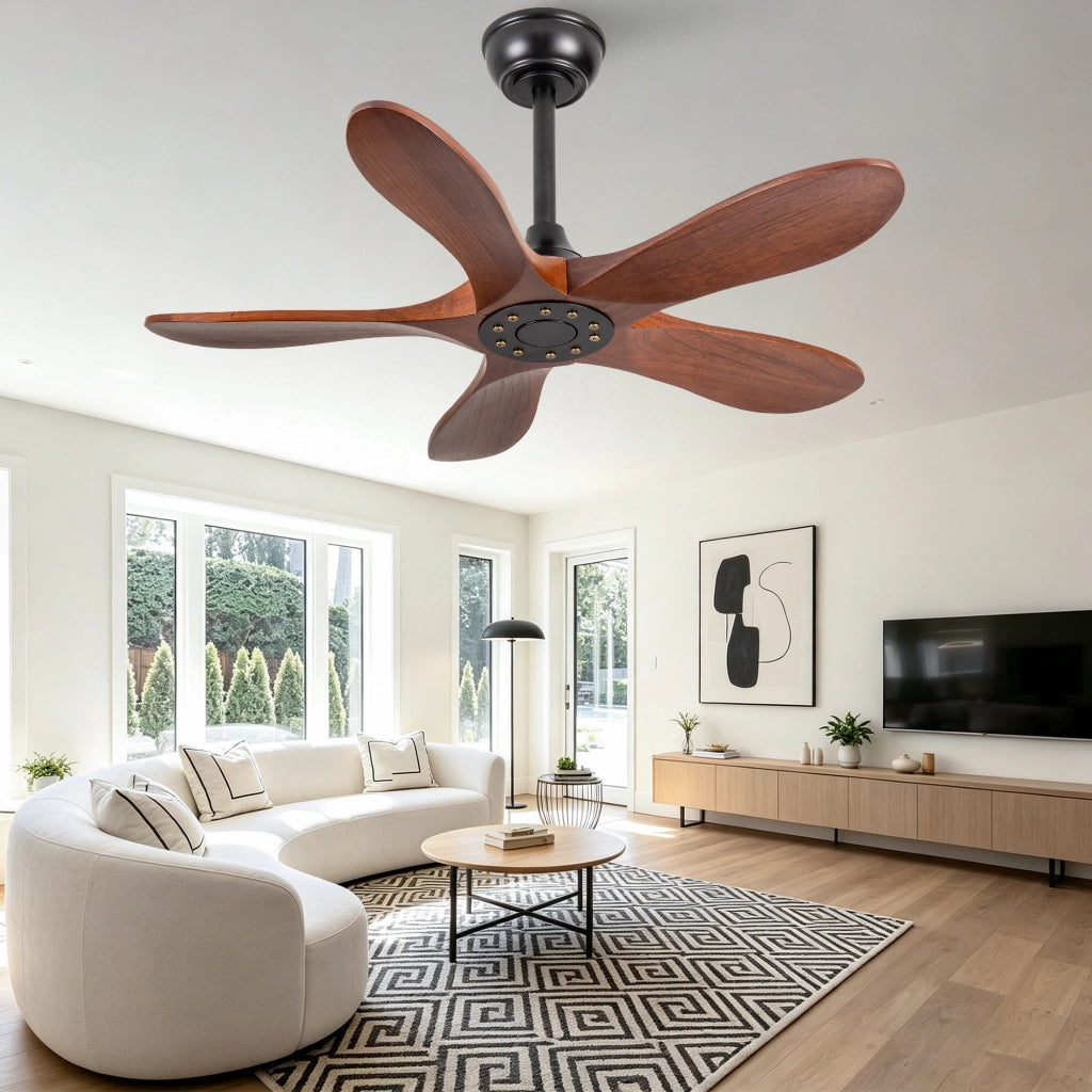 Ventilatore da soffitto 36 pollici senza illuminazione, 5 pale legno massello, motore reversibile 6 velocit¨¤, design classico, silenzioso