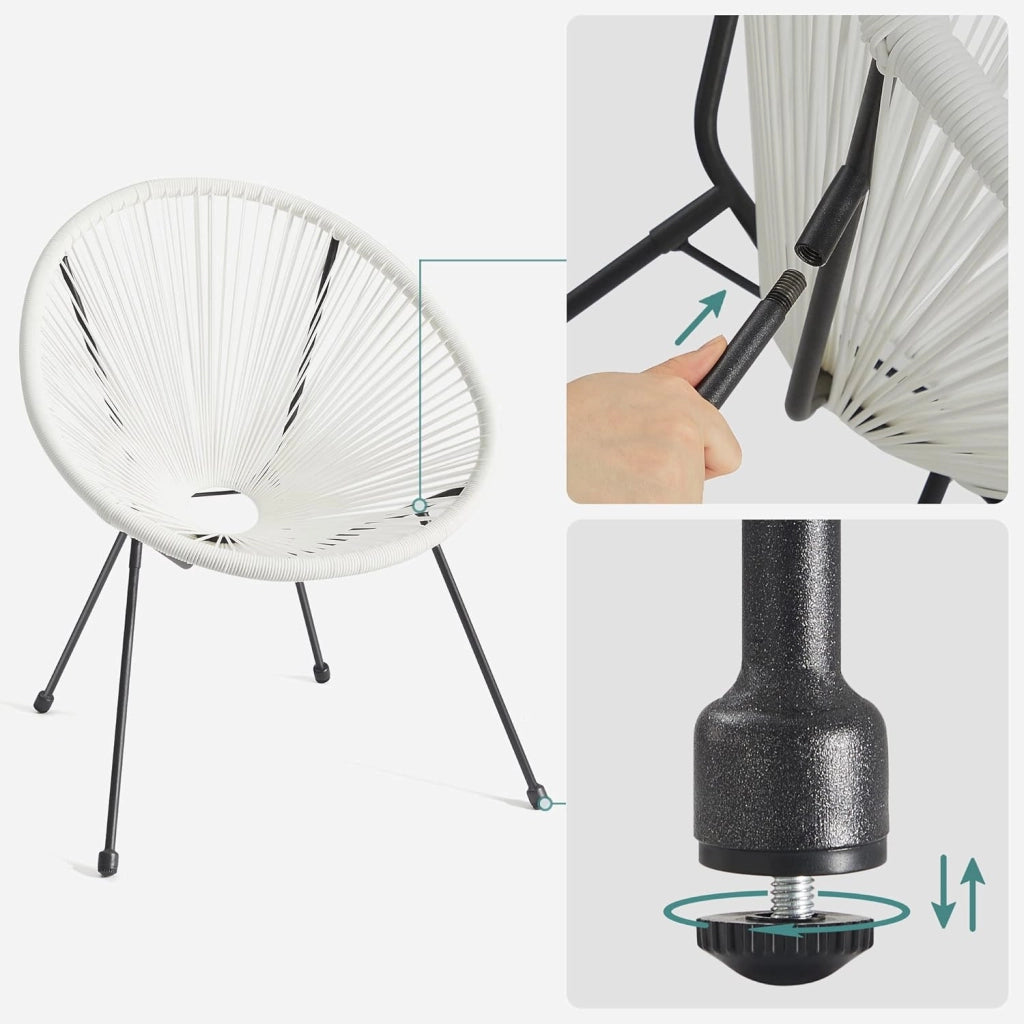 SONGMICS Mobili da Giardino Set 3 Pezzi, Sedia Acapulco, Poltrona da Esterno, Tavolino con Piano in Vetro e 2 Sedie, Set Conversazione per Interni ed Esterni, Bianco GGF013W02