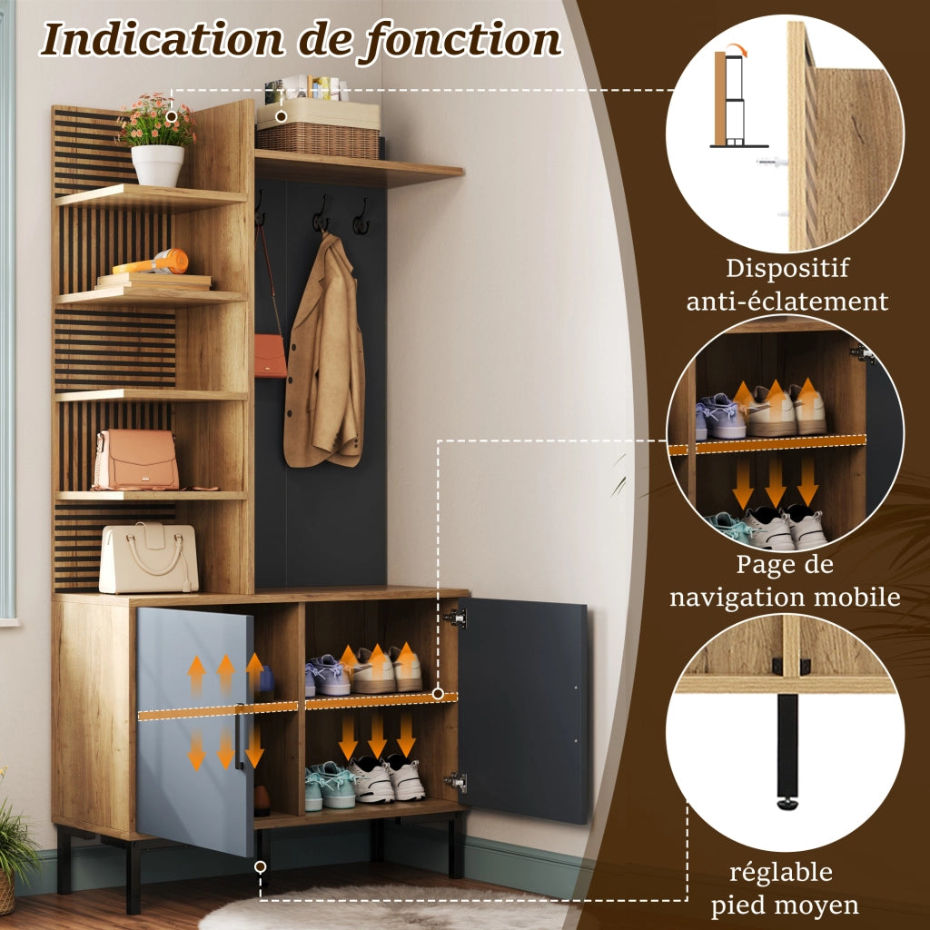 Mobile d'ingresso con ganci; 4 ripiani laterali e ripiano regolabile; per ingresso; 100 Ã— 40 Ã— 190.5 cm