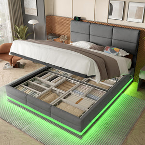 Letto 160x200cm imbottito - Xylo - velluto grigio USB idraulico LED