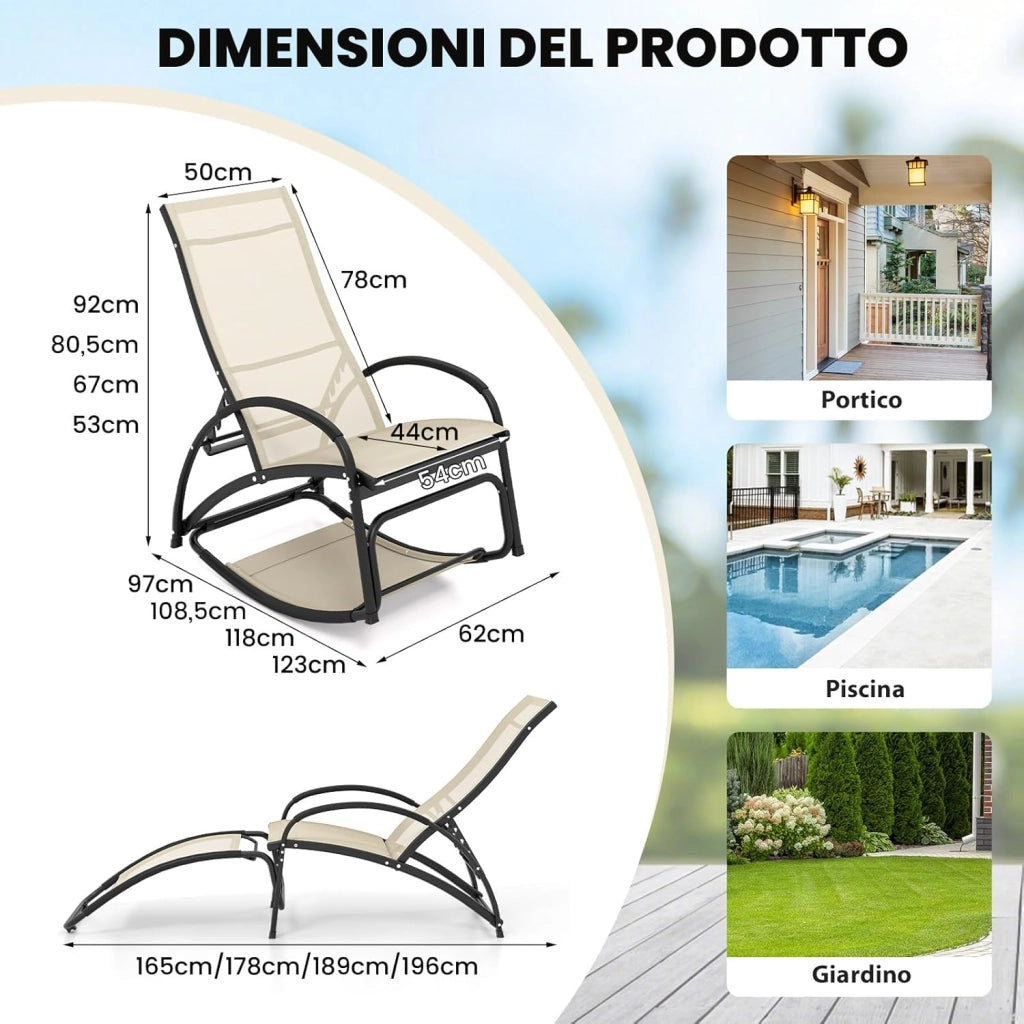 Sedia a Dondolo 2 in 1 da Giardino, Lettino Prendisole Convertibile con Schienale Regolabile a 4 Posizioni, Braccioli Curvi e Telaio in Alluminio, per Patio e Piscina, Portata 150 kg (Beige)