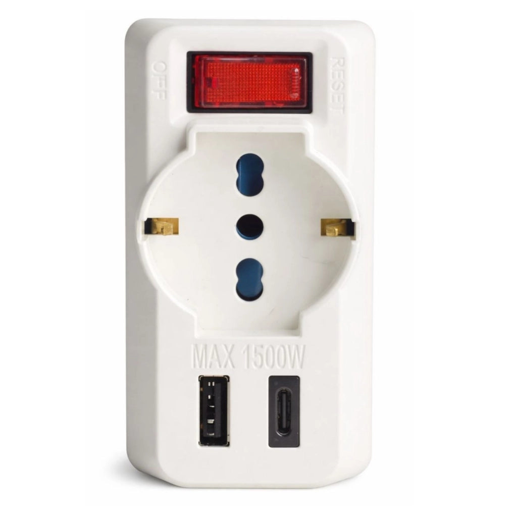 Adattatore con Interruttore Spina 10A con 2 Prese Bipasso 10A/16A e 1 Schuko 1 USB A e 1 USB C 5V/3A 250V Max 1500W Bianco